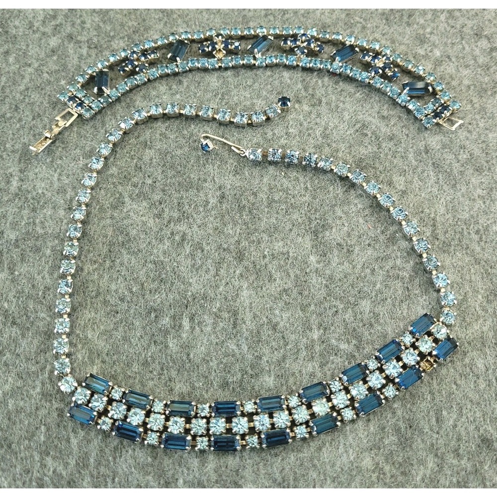 Juliana Style Blue Rhinestone Necklace Bracelet Set Vintage Silver Tone